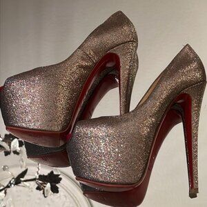 Christian Louboutin Sexy Gold Glitter Highness Platform Peep Toe Pumps